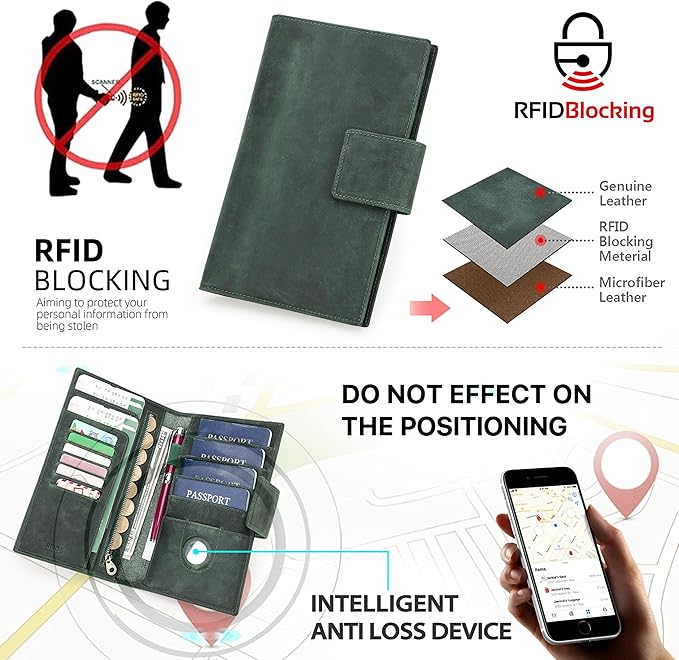 Top Grain Leather Travel Passport Wallet Holder for Man & Woman, Snap Button Design for 4 Passports & Multi Cards, RFID Blocking Large Capacity for Passports/Cards/Checks/Bills, Dark Green