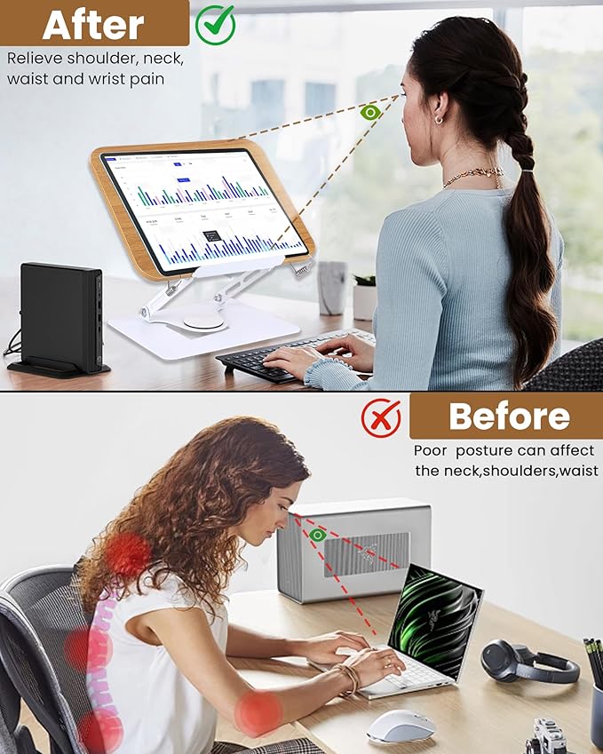 ASIEIT Book Stand for Reading, Adjustable Book Holder with 360° Rotating Base & Elastic Page Clips, Foldable Cookbook Stand, Portable Display Stand for Bible, Recipe, Magazine, Tablet, Laptop, Natural