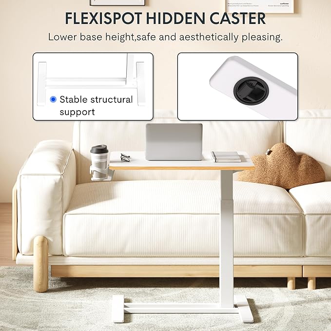 FLEXISPOT H7 Adjustable Overbed Bedside Table with Wheels Pneumatic Mobile Standing Desk Laptop Desk Rolling Computer Cart Movable Overbed Table Hospital Home Use(27.6" W x 15.7" D, White Maple)