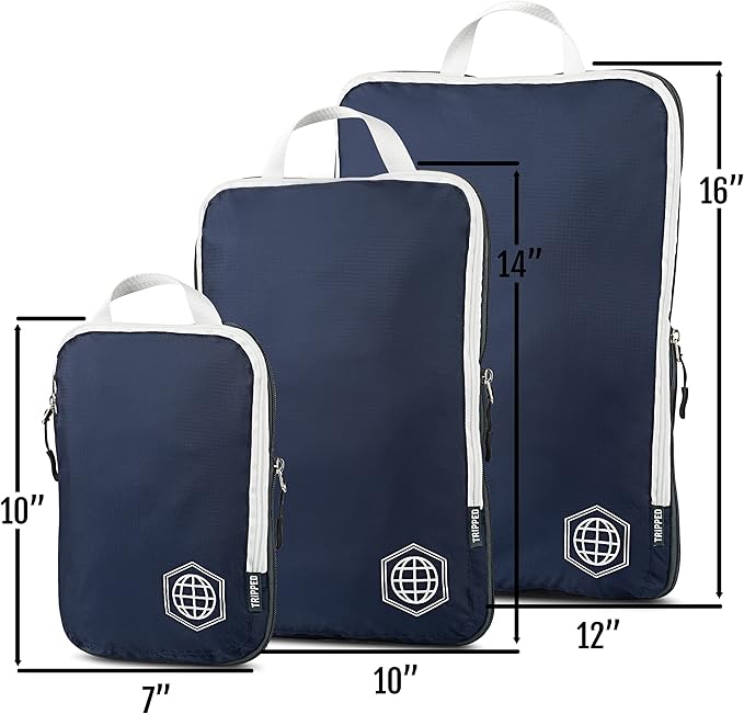 Large Compression Packing Cubes for Travel-Packing Cube Luggage Organizers 7 Piece Set for Checked Luggage-Ultralight, Expandable/Compression Bags by TRIPPED Travel Gear (Navy/White)