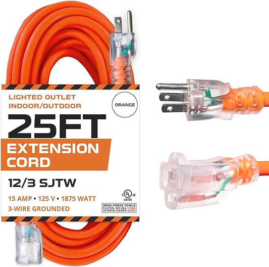 IRON FORGE CABLE 12 Gauge Extension Cord 25 Ft Lighted End - 12 AWG Heavy Duty Cord with 3 Prong, Industrial Grade Orange Outdoor Cable 12/3 SJTW for Major Appliances & HVAC, US Veteran Owned