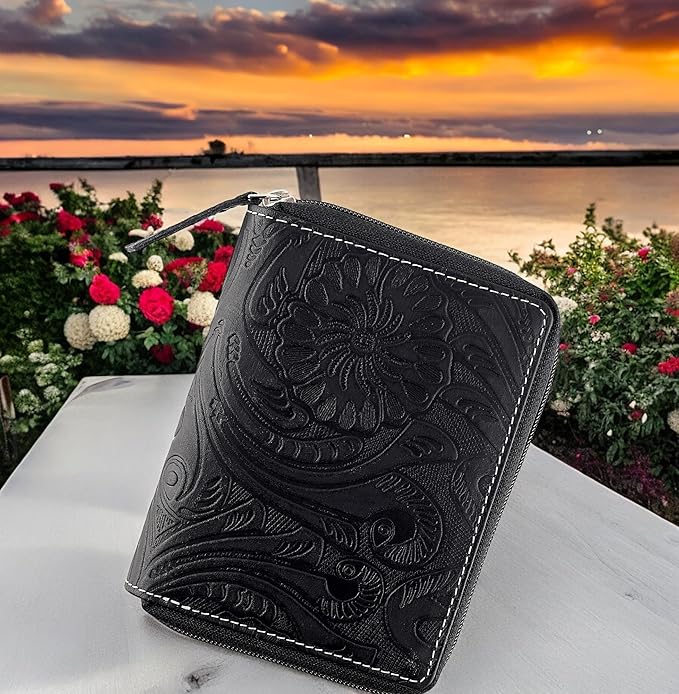 Passport Wallet - Travel Document Holder w/RFID Blocking – Full Grain Leather – Bifold compact zip around Wallet with Credit Card Slots for Women and Men, black floral,500-40