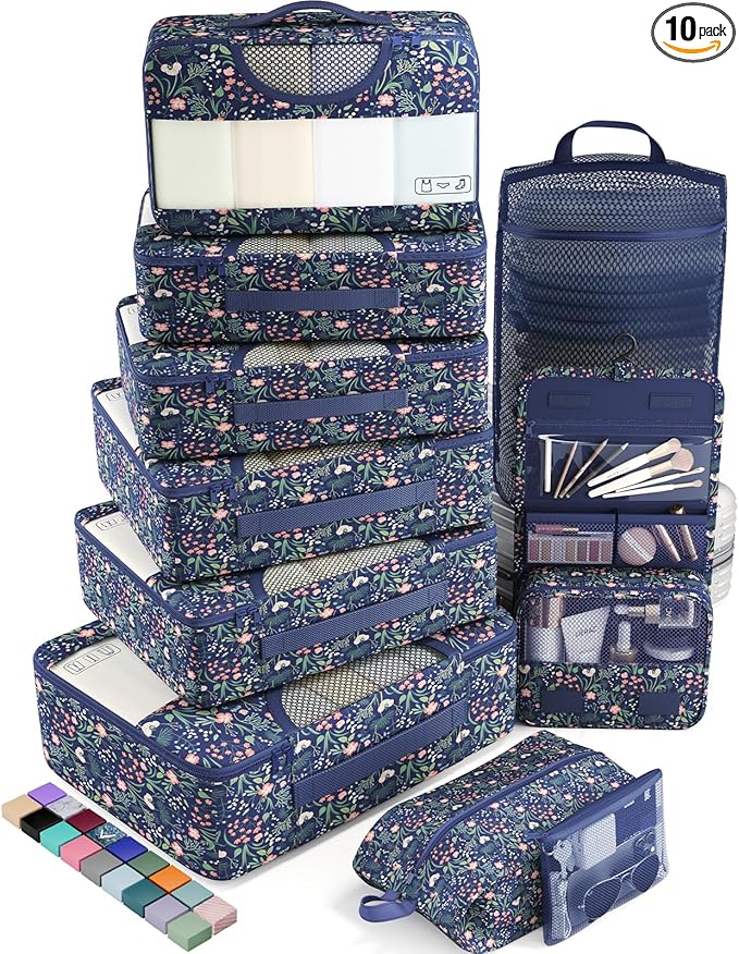 Veken 10 Set Packing Cubes for Travel Essential, Suitcase Organizer Bags in 4 Sizes, Carry-On Luggage Accessories with Large Laundry & Hanging Toiletry Bag, Must-Have for Airplane, Road Trip & Camping