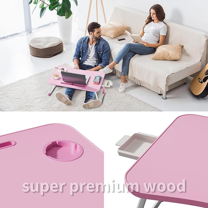 Lap Desk Bed Trays for Eating and Laptops Breakfast in Bed Tray for Sofa/Couch/Study/Reading/Writing with Cup Holder/Drawer On Low Sitting Floor Large Portable Foldable (Pink)