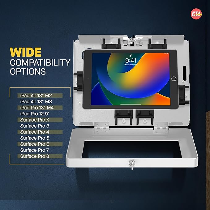 Locking iPad Wall Mount - CTA Anti-Theft Large Locking Tablet Enclosure w/ Key Lock and Interior Cable Routing for iPad Pro 12.9", Surface Pro 3, 4, 5, 6, 7, 8, X - White - (PAD-PLWW)