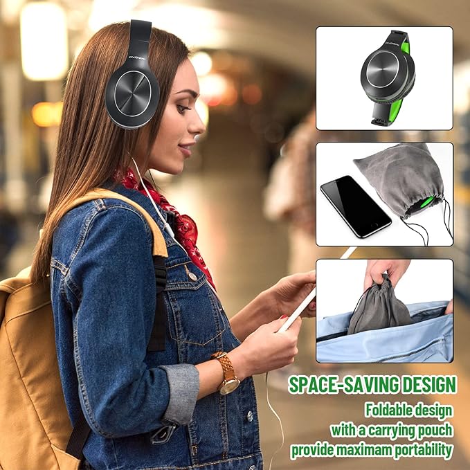 Bluetooth Headphones Over Ear, 68H Playtime 3 EQ Music Modes Wireless Headphones with Microphone/Deep Bass, HiFi Stereo Foldable Headset for PC Home Travel Office (Black Green)