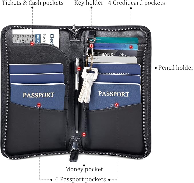 Polare Full Grain Leather Family Travel Passport Wallet and Documents Organizer RFID Blocking Case Holder Fits 6 Passports for Men and Women