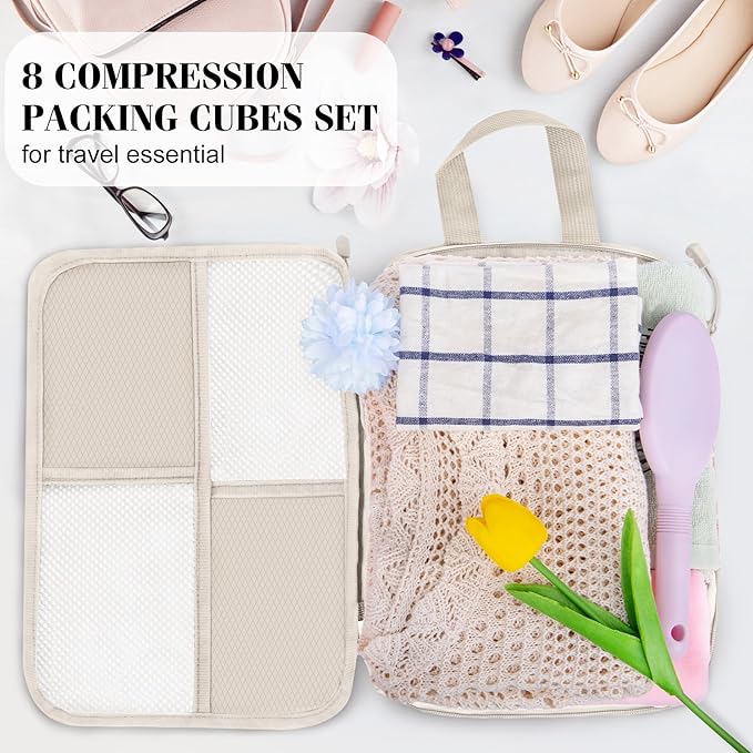 8 Set Compression Packing Cubes for Travel, Expandable Waterproof Travel Organizer, Lightweight Luggage Organizer with Shoes & Laundry Bags, Travel Accessories for Men Women, Beige
