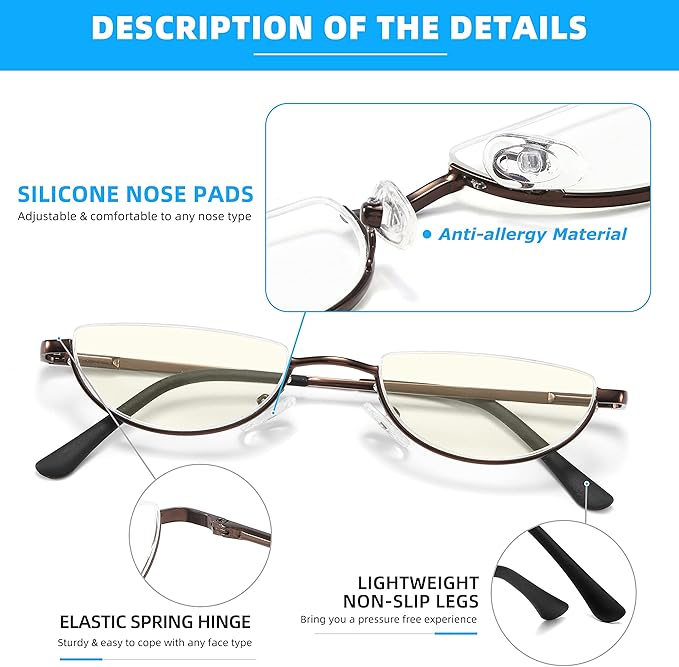 2 Pack Half Lens Reading Glasses Blue Light Blocking, Half Moon Frame Semi Rim Spring Hinge Readers with Case for Men Women Black/Gunmetal +2.25
