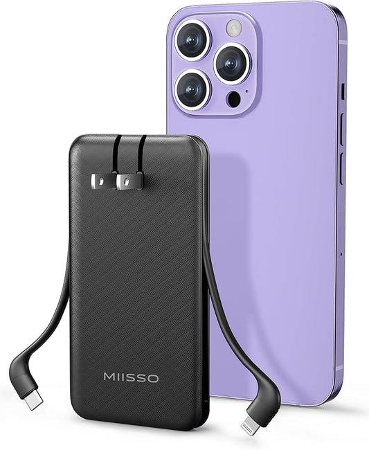 miisso Ultra Slim 10000mAh Power Bank Built-in Cables and Foldable AC Wall Plug, Pocket Size USB C Portable Charger, External Battery Pack Compatible with iPhone Samsung iPad etc, Black