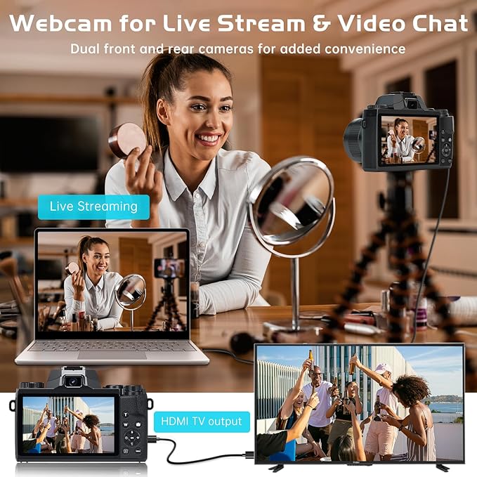 8K Digital Camera for Photography, WiFi Touchscreen Vlogging Cameras for YouTube with Autofocus,16X Digital Zoom Video Camera with 3000mAh Battery, Dual-Lens, Lens Hood, 32GB TF Card,Black