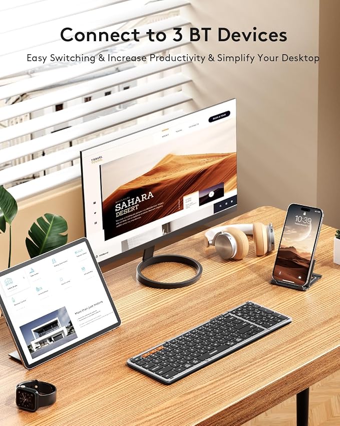 Samsers Foldable Bluetooth Keyboard with Numeric Keypad, Full-Size Wireless Folding PU Leather, Portable Travel for iOS Android Windows Mac OS, Support 3 Device(BT5.1 x 3)