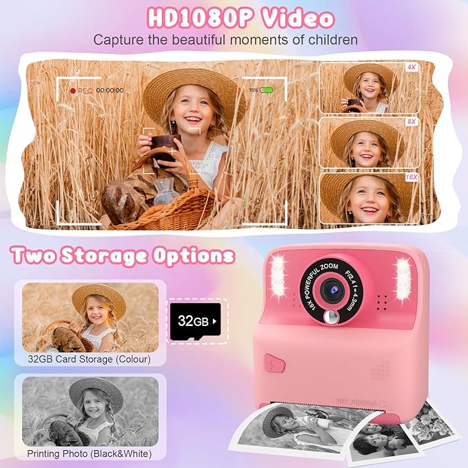 Kids Instant Print Camera, Portable Toys Camera for Toddler, Print Black & White Photos Instantly, Ideal Birthday for Boys & Girls Ages 3–12 (Pink)