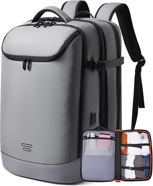 Carry on Backpack Airline Approved for Men, Travel 50L Expandable backpack Luggage Fits 17.3 Inch Laptop with USB Charging Port(grey)