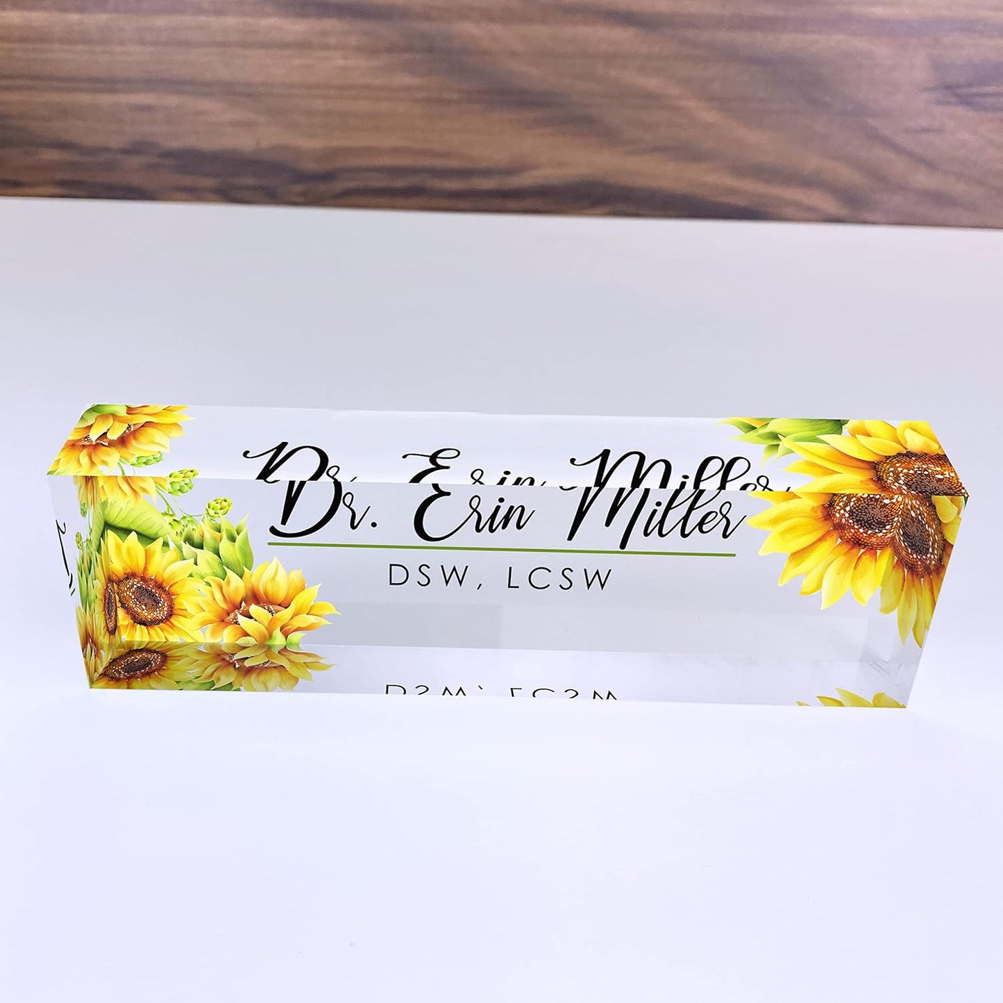 Artblox Office Desk Name Plate Personalized | Custom Name Plates for Desks | Sunflowers Design On Clear Acrylic Glass | Office Desk Decor - (8" x 2.5")