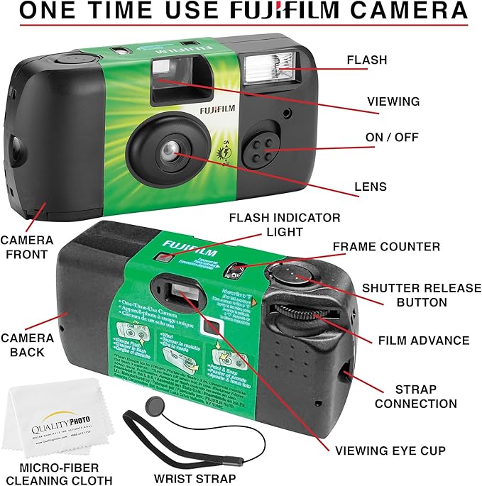 Fujifilm QuickSnap Flash 400 Disposable 35mm Camera + Hand Strap + Quality Photo Microfiber Cloth (2 Pack)