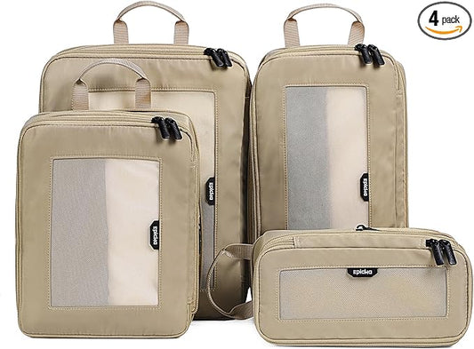 EPICKA TripCozy Compression Packing Cubes - 4 Set Durable Travel Organizer Bags with Mesh Top, Expandable Travel Accessories for Carry on, Luggage, Suitcase, Backpack (Khaki)