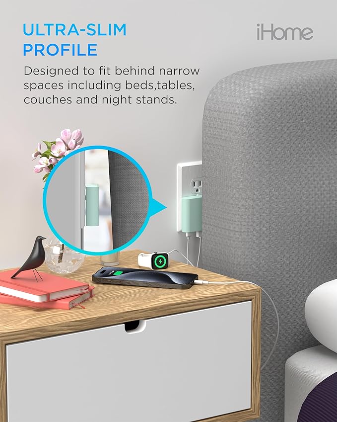 iHome 32W AC Pro Multi Port USB Wall Charger Block - Charging Station for Multiple Devices with 3 Ports (1 USB-C, 2 USB-A) - Fast Charging, Universal Compatibility (Mint)