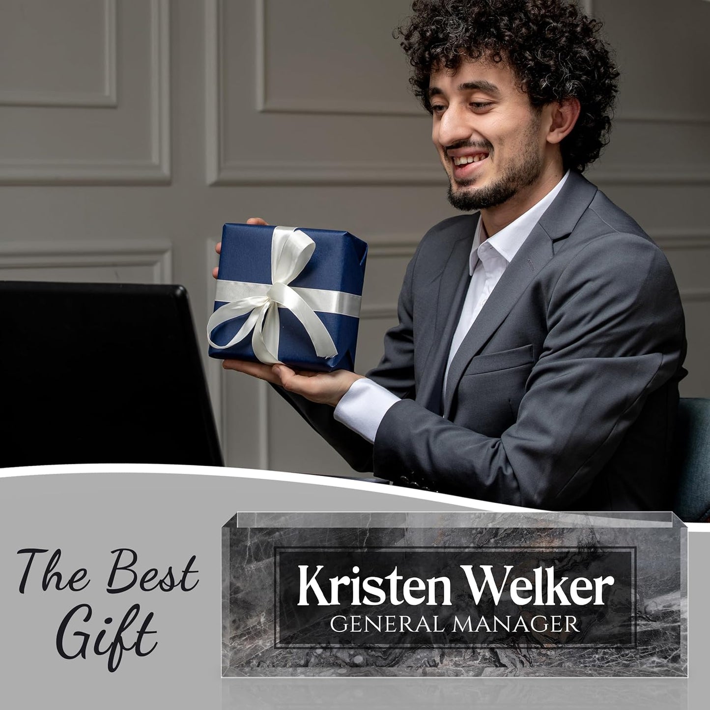 Personalized Name Plate for Desk - Custom Engraved Name Plates for Man - Boss Day Gifts for Boss - Acrylic Office Decor Appreciation Gifts for Teacher Nurse Coworker Social Worker (Gray/Black)