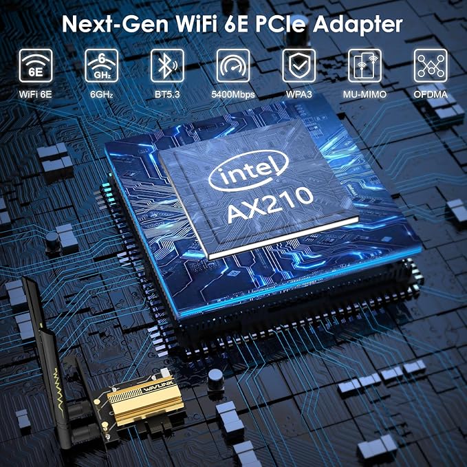 WAVLINK PCIe WiFi 6E WiFi Card, 2025 Tri-Band AX5400 Wireless Network Card with Bluetooth 5.3, AX210 Chip, MU-MIMO, WPA3, OFDMA, Low-Profile Bracket, Heat Sink