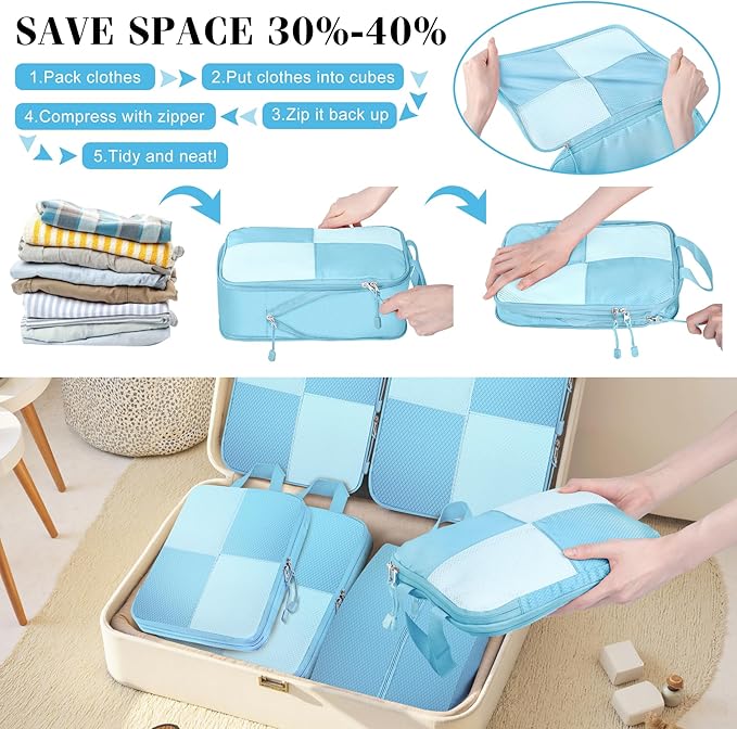 8 Set Compression Packing Cubes for Travel, Expandable Waterproof Travel Organizer, Lightweight Luggage Organizer with Shoes & Laundry Bags, Travel Accessories for Men Women, Light Blue