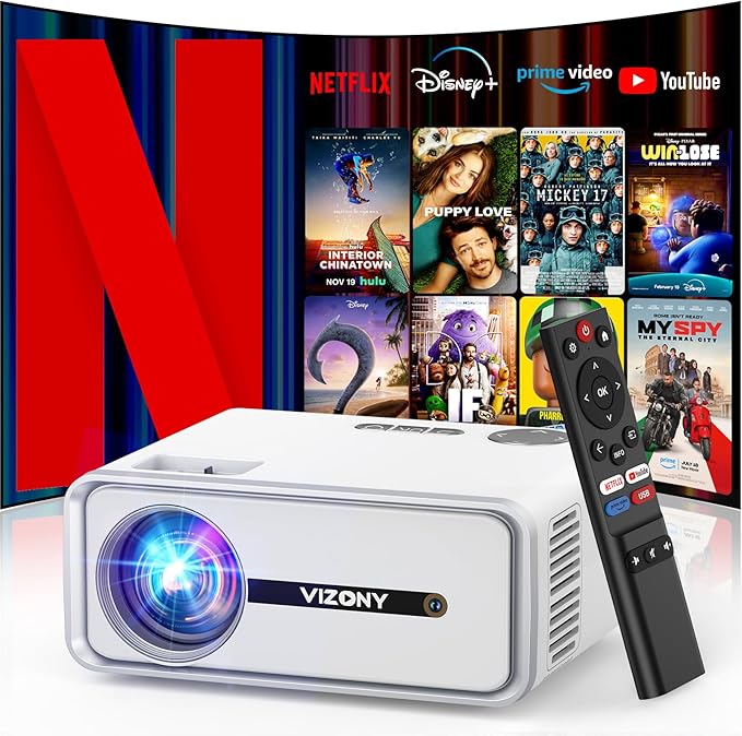 [Netflix Licensed/Dolby Audio] Smart Projector with WiFi and Bluetooth, VIZONY Native 1080P Projector with Apps Built in Netflix, Youtube, Hulu, Disney+, Portable Mini Projector for Indoor/Outdoor