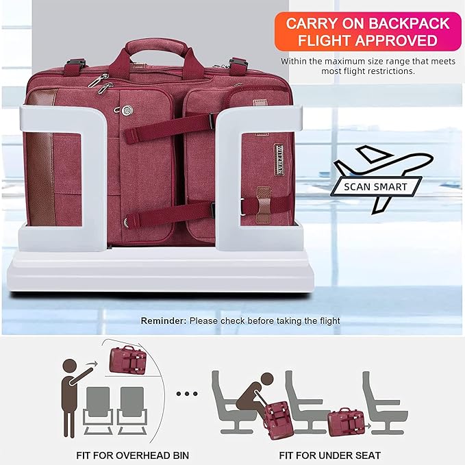 WITZMAN Canvas Travel Backpack for Women Large Laptop Backpack Fit 17 inch Carry-on Airline Approved Convertible Shoulder Rucksack(A6617-3 Red)