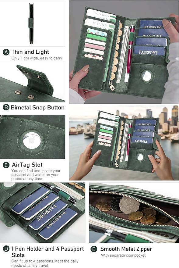 Top Grain Leather Travel Passport Wallet Holder for Man & Woman, Snap Button Design for 4 Passports & Multi Cards, RFID Blocking Large Capacity for Passports/Cards/Checks/Bills, Coffee