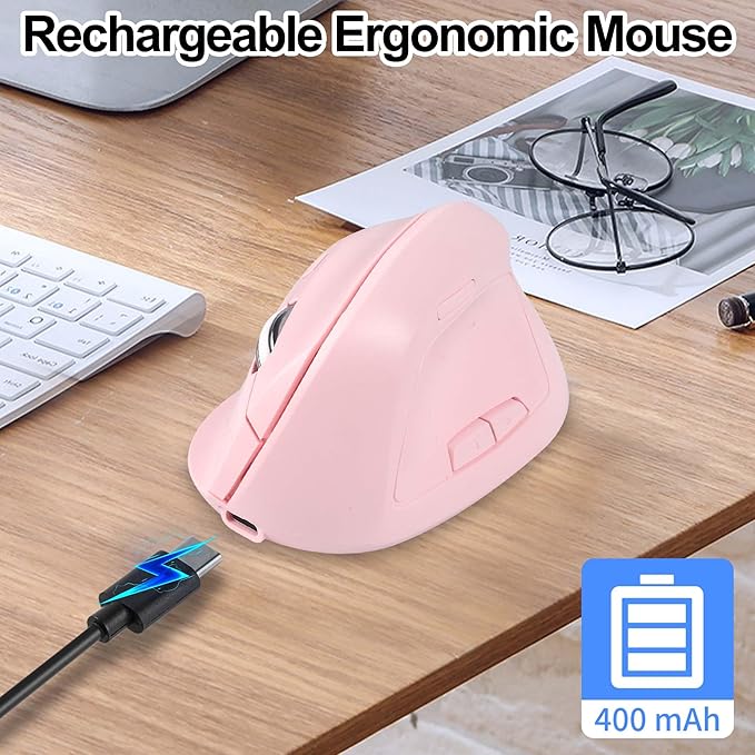 Wireless Bluetooth Mouse Vertical Ergonomic Dual Mode Rechargeable Silent Portable High Precision Optical Cordless Mice with USB Receiver for PC/Laptop/Tablet/MacBook Boy Girl,Reduce Wrist Pain（Pink）