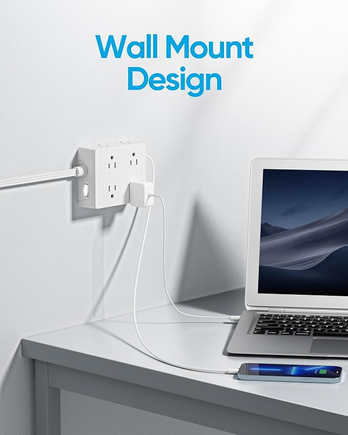 Surge Protector Power Strip 10 ft Cord, Olcorife Ultra Thin Flat Plug Extension Cord, 8 Outlets 4 USB Ports(1 USB C), Flat Plug Outlet Extender, College Dorm Room Essentials, White