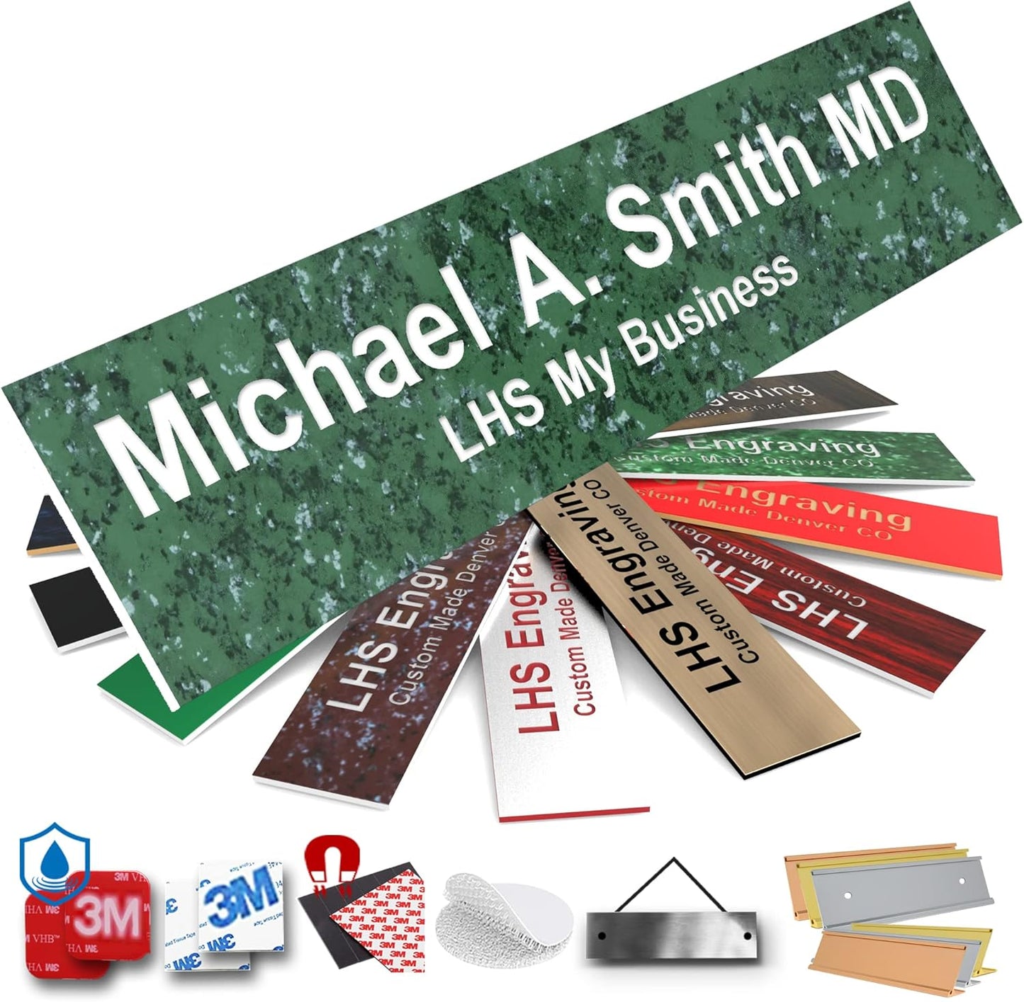 Engraved Name Plates for Door Sign Personalized Green Marble Plastic Plaque with White Letters - Made in USA 2x6 S4