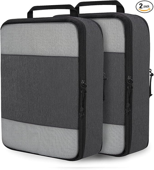 Compression Packing Cubes for Travel Essentials, 2 Set Expandable Compression Bags for Travel Packing Cubes for Suitcase Luggage Organizer Bags, Black Mesh