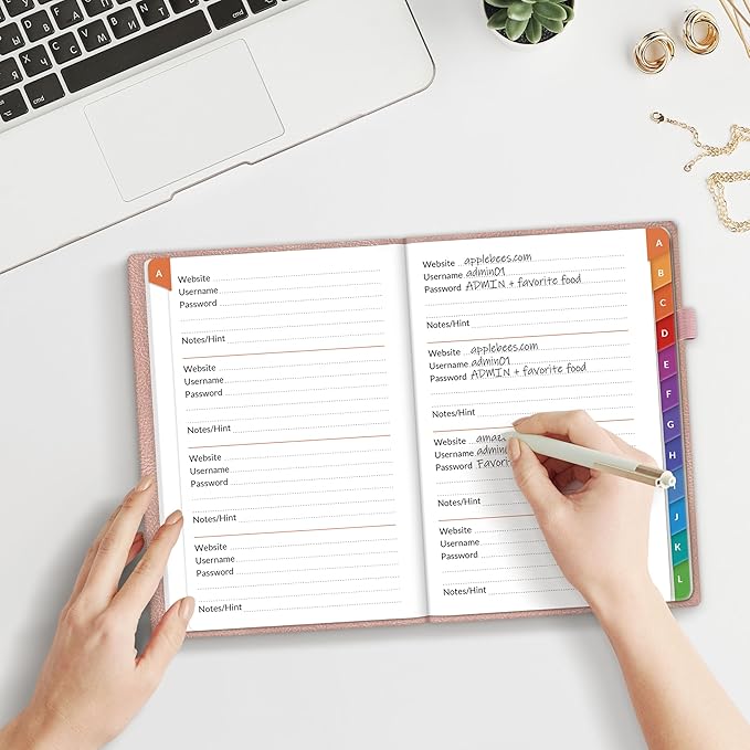 SUNEE Password Book with Colorful Alphabetical Tabs, Password Books for Seniors, Password Keeper Book for Computer and Internet Address Website Login, 5.3''x 7.7''- Rose Gold