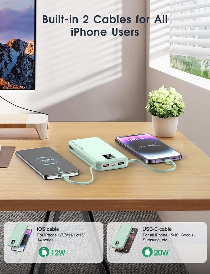 Portable Power Bank, 12000mAh 22.5W Fast Charging Phone Charger with Built-in Cables & Wall Plug, Travel Essential Battery Pack with LED Display, USB C Battery Charging Bank for iPhone, Samsung Green