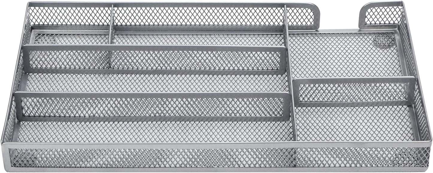 Annova Desk Drawer Organizer Tray for Office Organization - Metal Mesh - Storage Tray with Dividers for Pens, Desktop Accessories, Bathroom, Kitchen, Makeup and Office Supplies (Small, Silver)