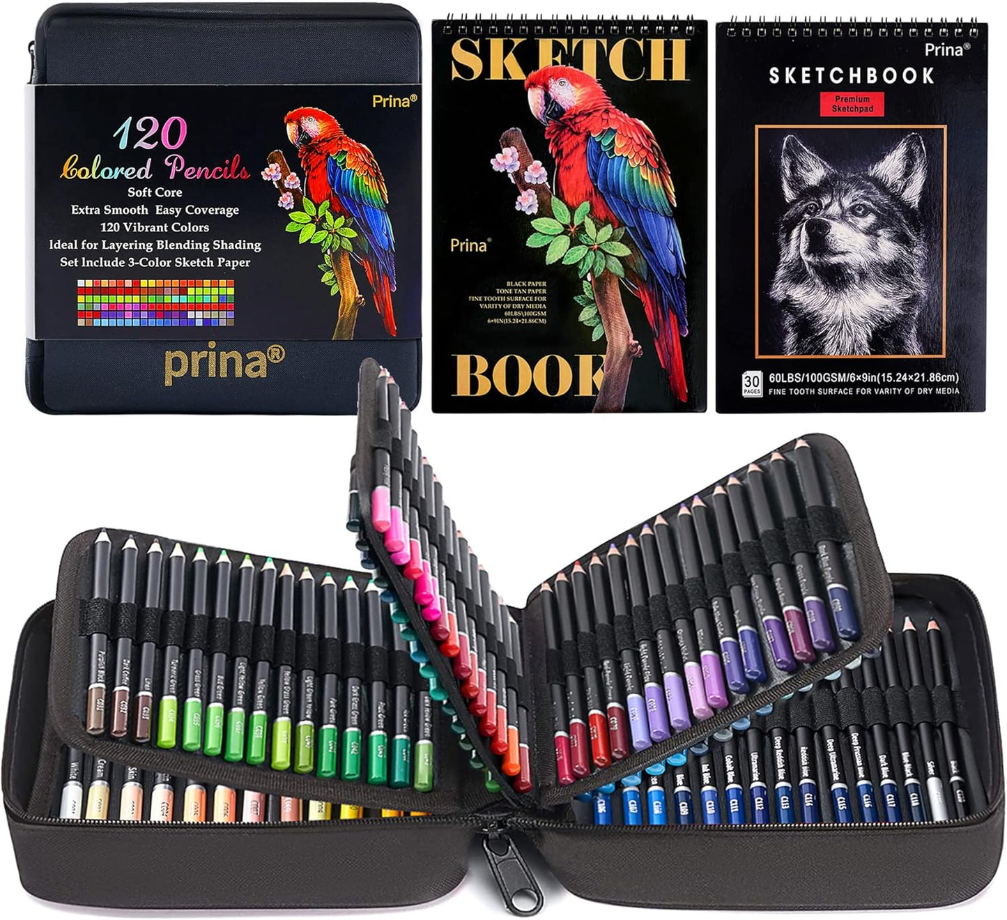 PRINA Art Supplies 120 Colors Colored Pencils Set for Adults Coloring Books with Sketchbook, Professional Vibrant Artists Coloring Pencils for Drawing Sketching Blending Shading, Soft Core Oil Based