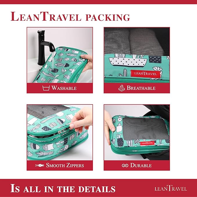 LeanTravel Compression Packing Cubes for Travel Organizers with Double Zipper (6-Pack (2L+2M+2S), Green Cactus)