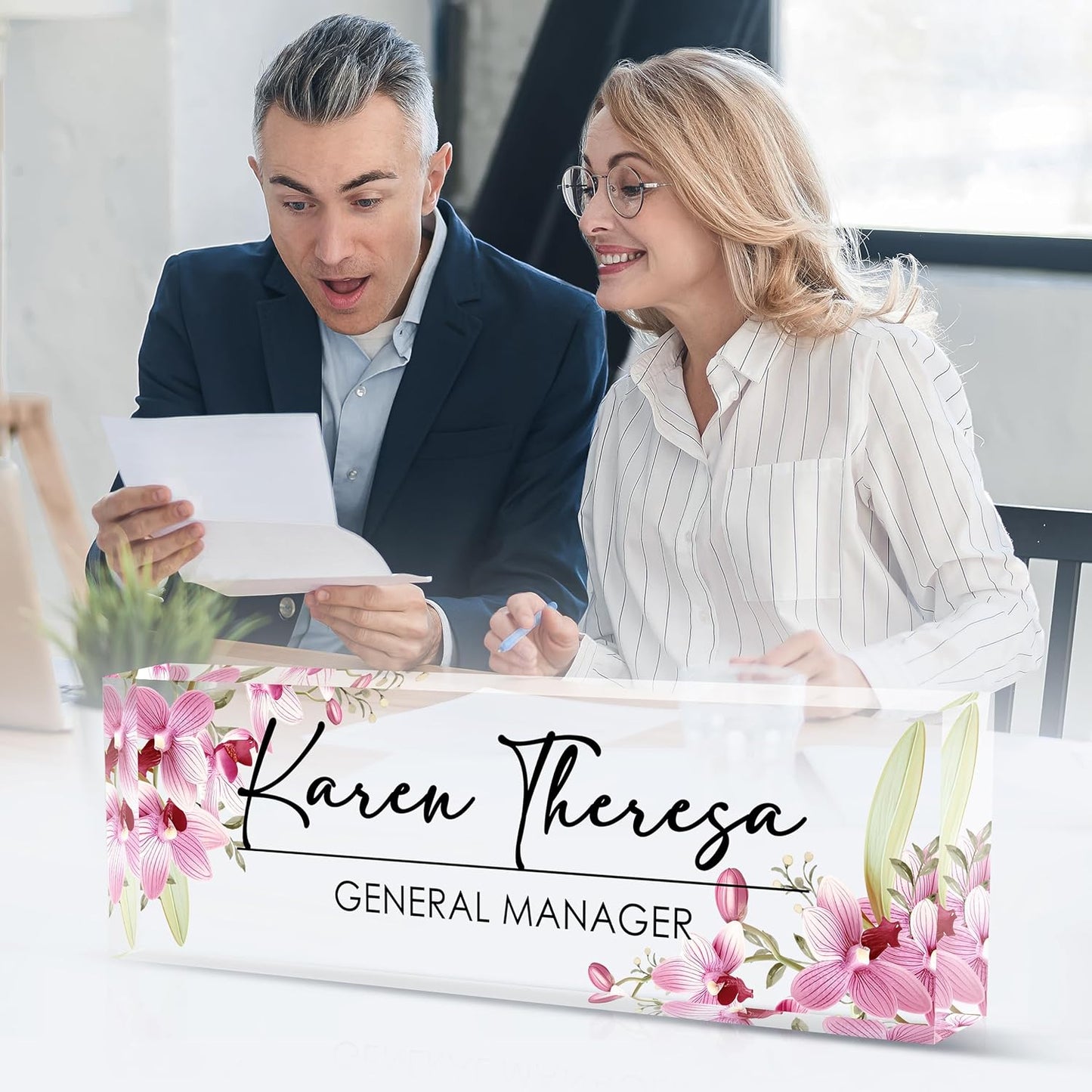 Custom Office Name Plate, Personalized Gifts for Women & Employees, Office Desk Accessory (Pink Orchid)