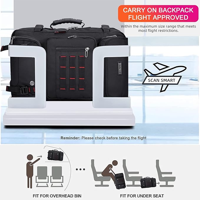 WITZMAN Carry on Travel Backpack for Men Women Airline Approved Convertible Nylon Duffle Backpack Luggage Bag (B682 Black)