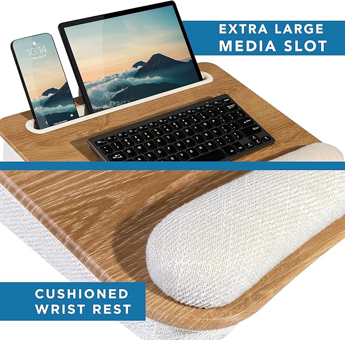 LAPGEAR Portable Laptop Lap Desk with Pillow Cushion, Anti-Slip Strip, Tablet or Phone Storage Slot, Pen and Pencil Pocket, and Wrist Rest - White Oak Woodgrain - Fits 15.6" Laptops - Style No. 91349