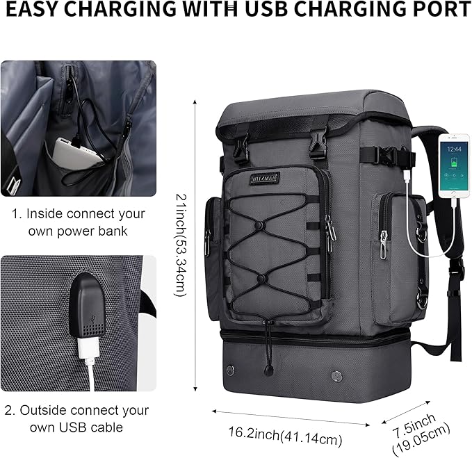 WITZMAN Travel Backpack for Men Women Carry on Bags for Airline Approved Convertible Duffle Luggage Backpack Shoe Compartment（B691 Silvery Grey）