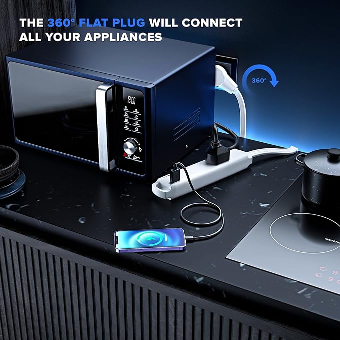 Extension Cord with USB Ports 10FT, 360° Rotating Flat Plug Extension Cord, 3-Outlet with USB Ports (2 Ports), 3 Prong Extension Cord, Grounded Extension Cord (White) UL Certified