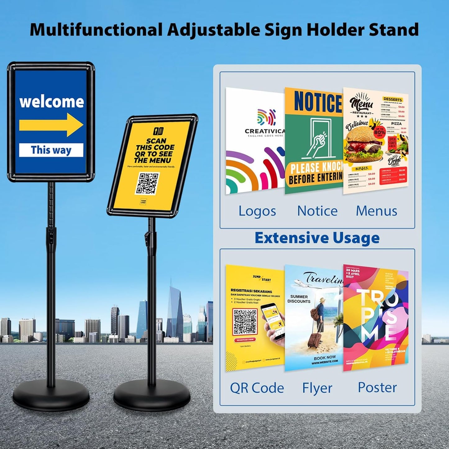 8.5x11 Inch Adjustable Pedestal Poster Sign Stand, Heavy Duty Floor Standing Sign Holder Stand Aluminum Snap Open Frame for Vertical and Horizontal View Sign Displayed (Black, Round)