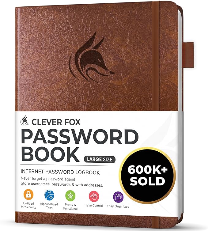 Clever Fox Password Book with alphabetical tabs. Internet Address Organizer Logbook. Large Password Keeper for Website Logins (Brown)