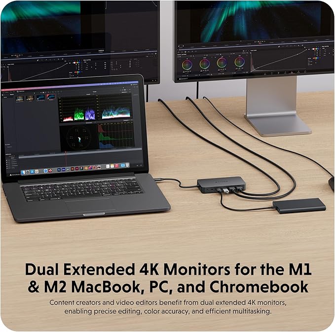 HyperDrive Next Dual 4K HDMI 7 Port USB C Docking Station for M Series MacBook, PC, Chromebook, 2x File Transfers w/ 10Gbps USB Ports, Dual 4K Docking Station Charges w/ 100W PD Power Passthrough Port