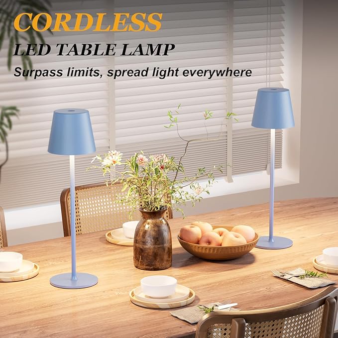 Kakanuo Cordless Table Lamp Rechargeable Blue - KK 2 Pack 5000mAH Battery Operated Lamp for Dining Table, 3 Color Stepless Dimming Wireless Lamp for Counter, Outdoor Patio, Touch Control
