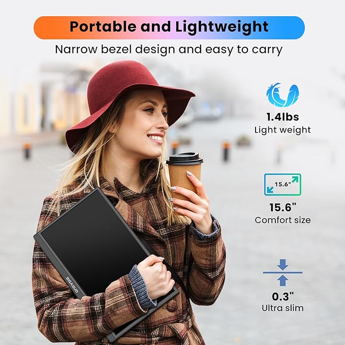 BIGASUO Portable Monitor for Laptop, 15.6'' FHD 1080P USB-C HDMI Travel Monitor, HDR IPS Ultra-Slim Portable Screen with Kickstand & Speakers, Extra Screen for Laptop PC MAC Phone PS4/5 Xbox Switch