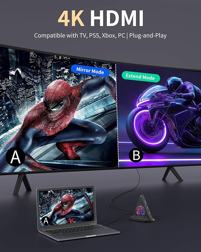 USB C Hub Multiport Adapter, 8 Ports with RGB Light, 4K HDMI, 100W PD Charging, 3 USB A and 1 USB C Data Ports, SD/TF Card Reader, Compatible with Gaming Laptops, Switch, PS5