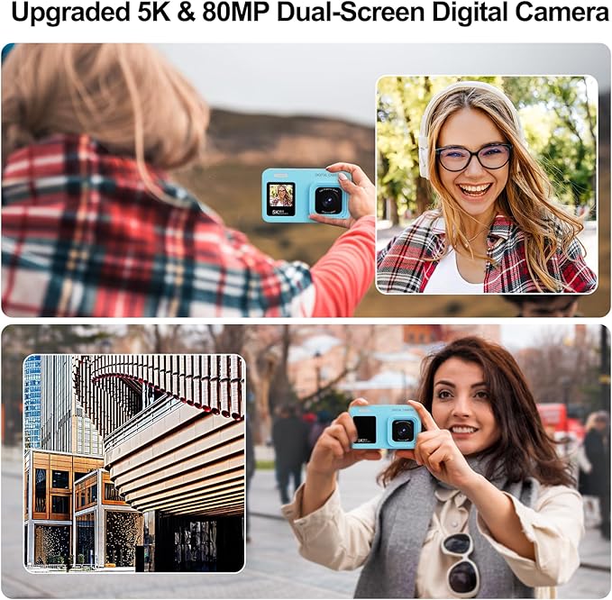 Upgraded 5K Dual Screen Digital Camera,80MP Vlog Photography Camera for YouTube,Campus,Travel,Compact Point & Shoot Camera for Teens & Beginners with Autofocus,18x Zoom,Anti-Shake,Blue