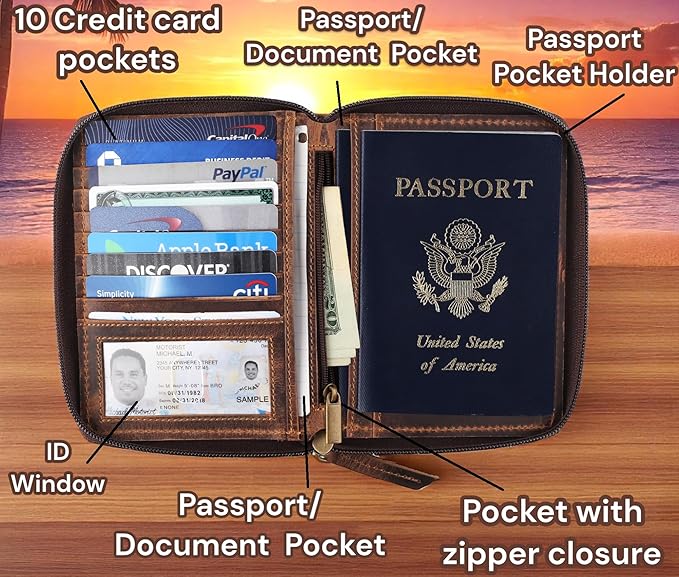 Passport Wallet - Travel Document Holder w/RFID Blocking – Full Grain Leather – Bifold compact zip around Wallet with Credit Card Slots for Women and Men, brown skull,500-31